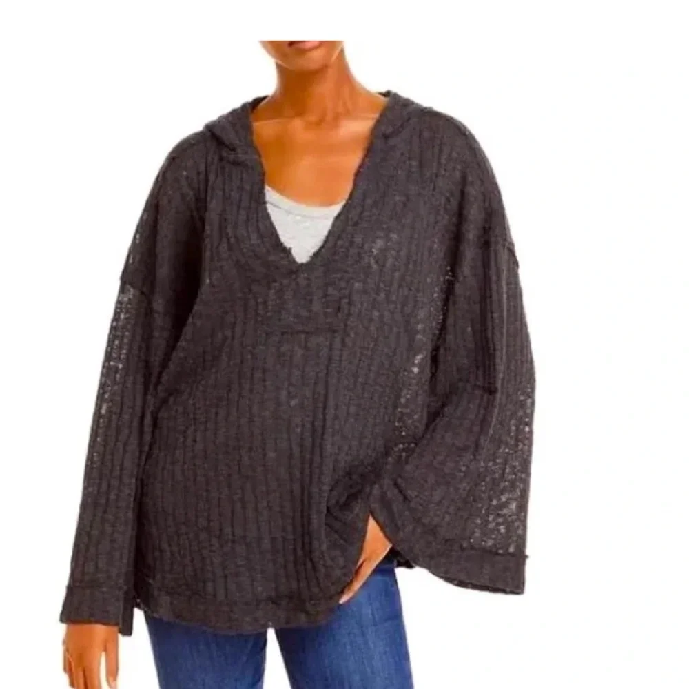 Free People Women's Baja Babe Hacci Knit Hooded Sweater Medium Vneck